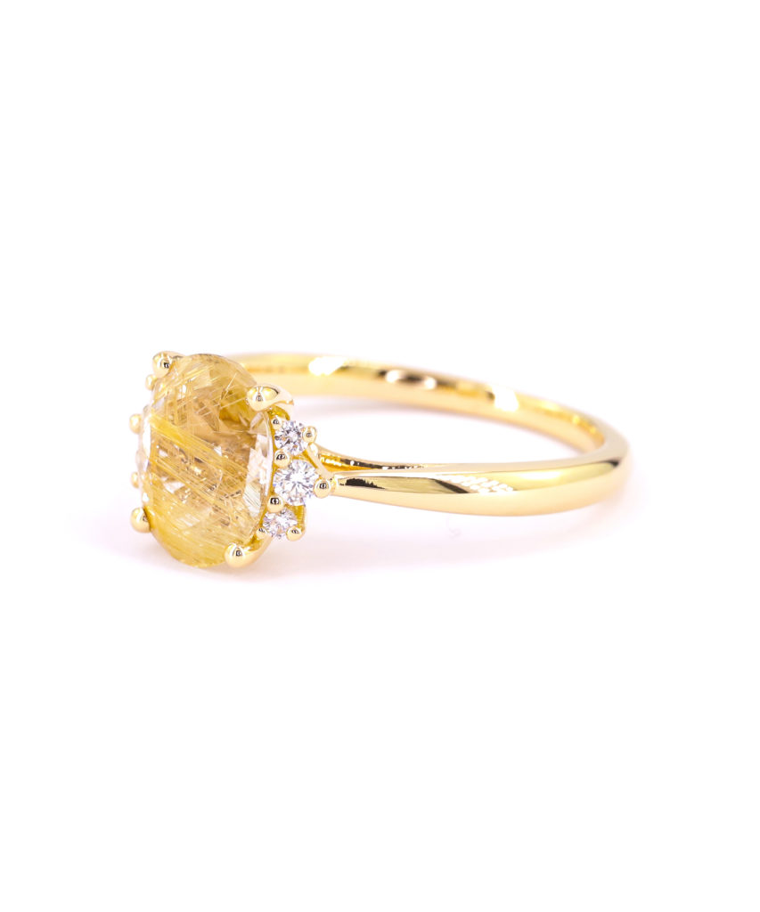 Bague Ancienne Double En Or Jaune 14 Carats Avec Diamants Et Quartz Rutilé - Taille 57 - Très Bon état